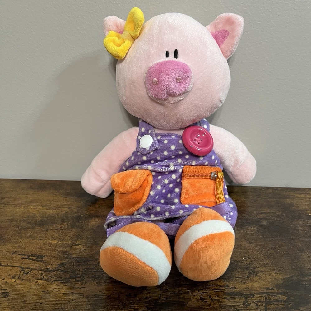 Russ Berrie Learn To Dress 12" Pig Plush Purple Dress White Polka Dots